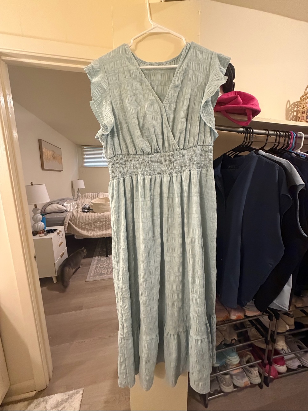 SHEIN Pale Blue Smocked Waist Midi Dress with Flutter Sleeves